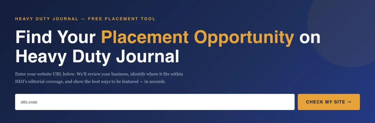 Heavy Duty Journal placement tool where businesses can enter a website address to check editorial fit and find relevant published articles.