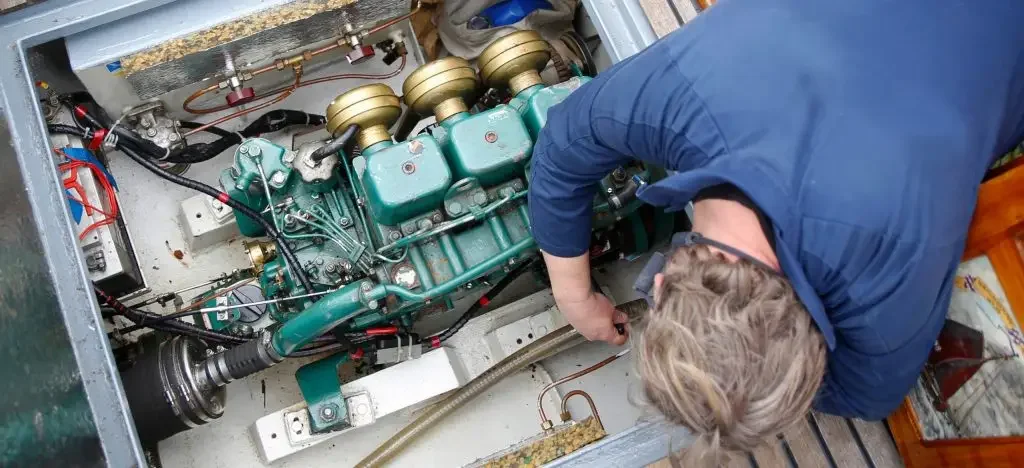 Yacht engineer working on engine